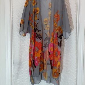 Sheer Gray Floral Kimono Cover-Up with Orange & Pink Blooms